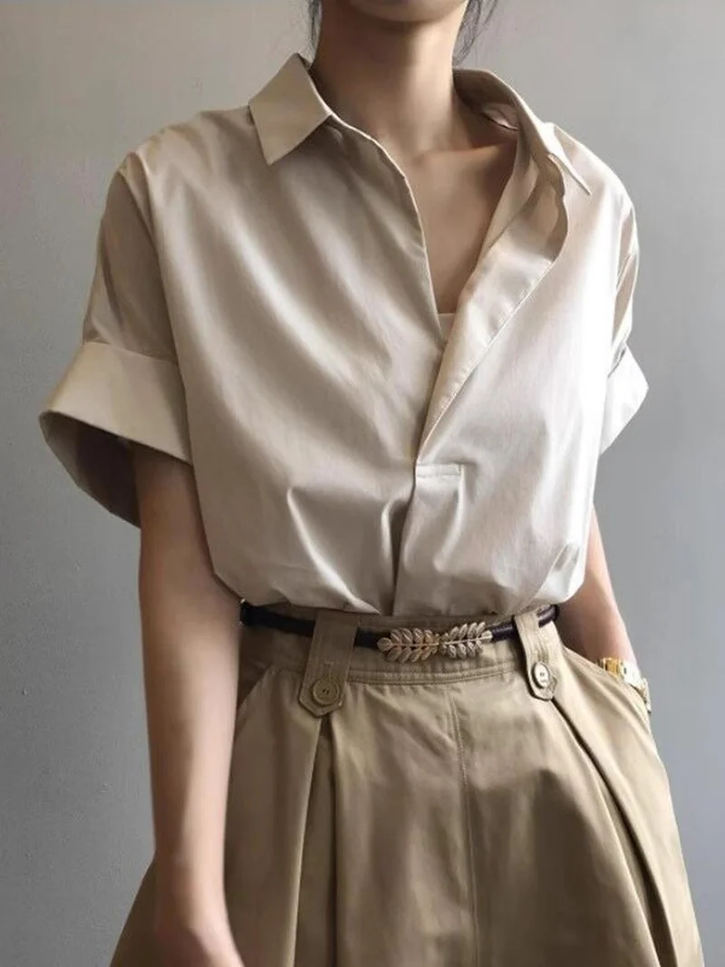 Outzidr  Beige Boxy Shirt With Rolled Short Sleeves for Women | Best Price UAE
